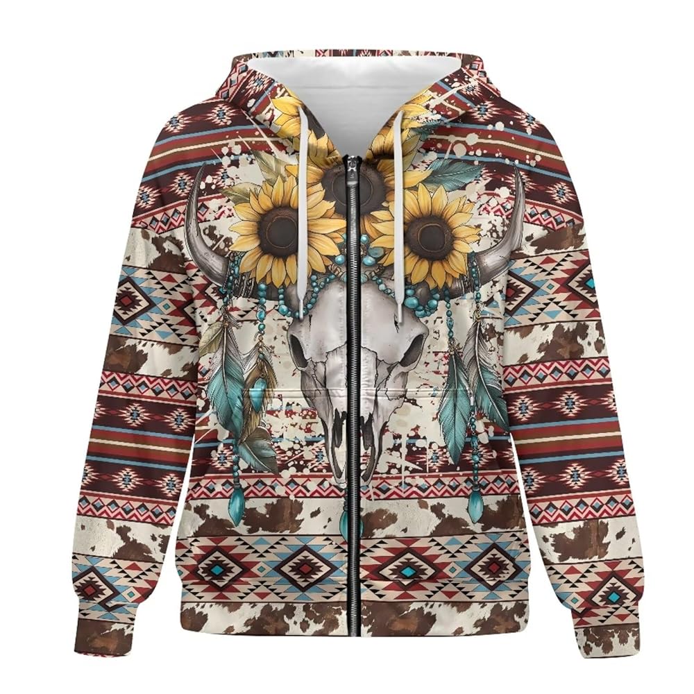 Hdjxbdhsv Women's Tribal Aztec Print Zip Up Drawstring Hood